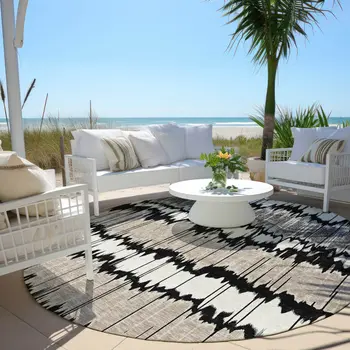 8' Black Silver And Gray Round Striped Washable Indoor Outdoor Area Rug