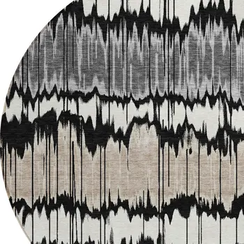 8' Black Silver And Gray Round Striped Washable Indoor Outdoor Area Rug