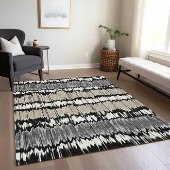 9' X 12' Black Silver And Gray Striped Washable Indoor Outdoor Area Rug