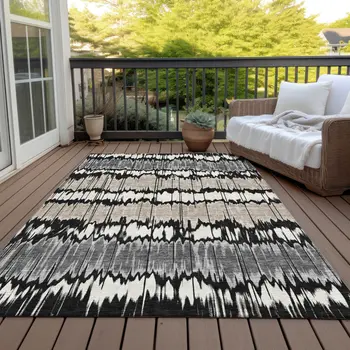 10' X 14' Black Silver And Gray Striped Washable Indoor Outdoor Area Rug