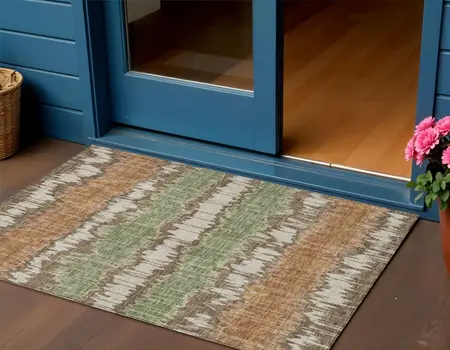 3' X 5' Chocolate Copper And Green Striped Washable Indoor Outdoor Area Rug