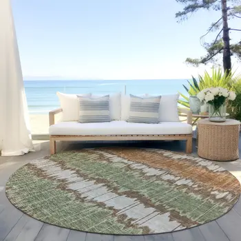 8' Chocolate Copper And Green Round Striped Washable Indoor Outdoor Area Rug
