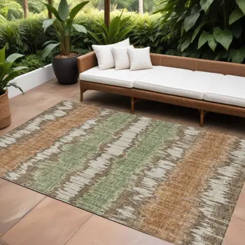 10' X 14' Chocolate Copper And Green Striped Washable Indoor Outdoor Area Rug