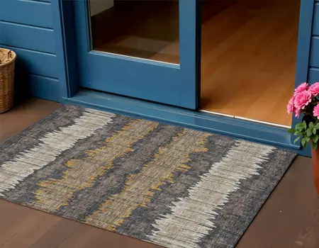 3' X 5' Brown And Taupe Striped Washable Indoor Outdoor Area Rug
