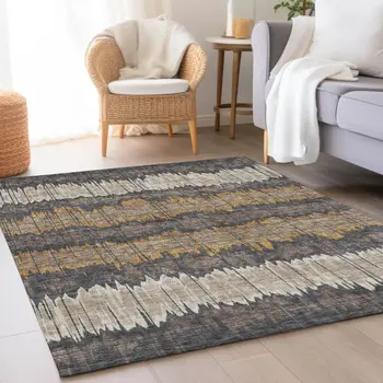 5' X 8' Brown And Taupe Striped Washable Indoor Outdoor Area Rug