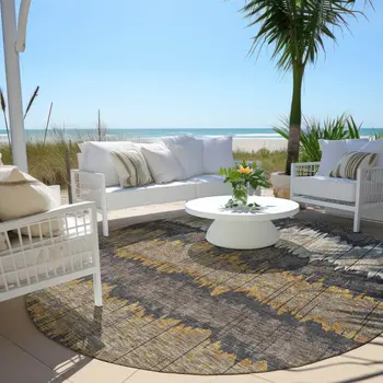 8' Brown And Taupe Round Striped Washable Indoor Outdoor Area Rug