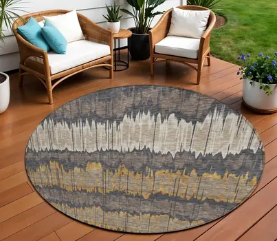 8' Brown And Taupe Round Striped Washable Indoor Outdoor Area Rug
