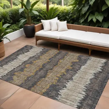9' X 12' Brown And Taupe Striped Washable Indoor Outdoor Area Rug