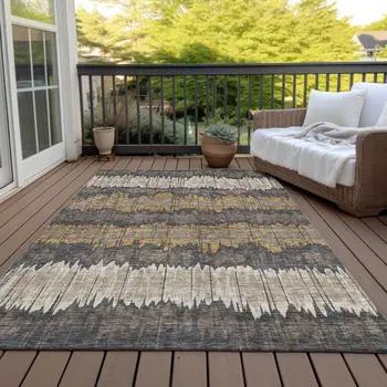 10' X 14' Brown And Taupe Striped Washable Indoor Outdoor Area Rug