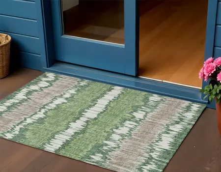 3' X 5' Green Ivory And Taupe Striped Washable Indoor Outdoor Area Rug