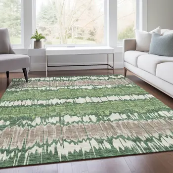 3' X 5' Green Ivory And Taupe Striped Washable Indoor Outdoor Area Rug