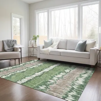 3' X 5' Green Ivory And Taupe Striped Washable Indoor Outdoor Area Rug