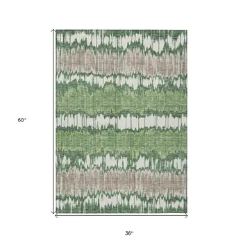 3' X 5' Green Ivory And Taupe Striped Washable Indoor Outdoor Area Rug