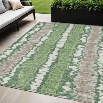 5' X 8' Green Ivory And Taupe Striped Washable Indoor Outdoor Area Rug