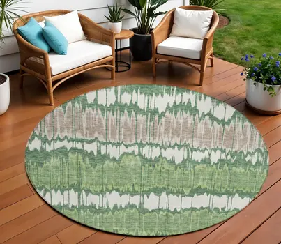 8' Green Ivory And Taupe Round Striped Washable Indoor Outdoor Area Rug