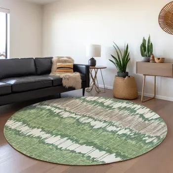8' Green Ivory And Taupe Round Striped Washable Indoor Outdoor Area Rug