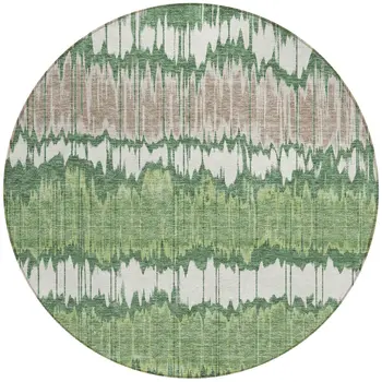 8' Green Ivory And Taupe Round Striped Washable Indoor Outdoor Area Rug