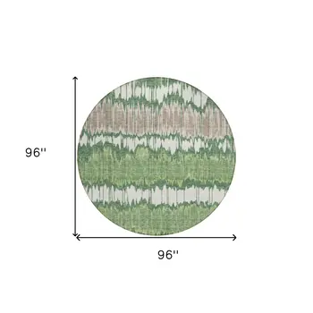 8' Green Ivory And Taupe Round Striped Washable Indoor Outdoor Area Rug