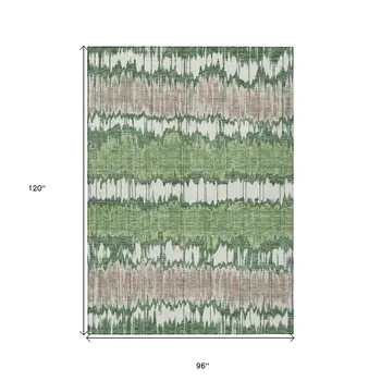 8' X 10' Green Ivory And Taupe Striped Washable Indoor Outdoor Area Rug