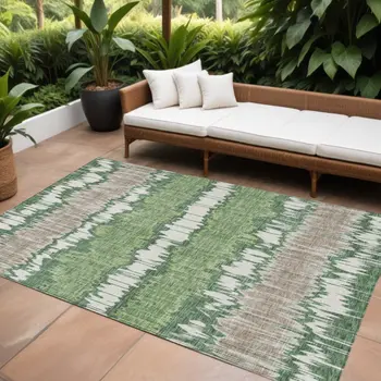 10' X 14' Green Ivory And Taupe Striped Washable Indoor Outdoor Area Rug