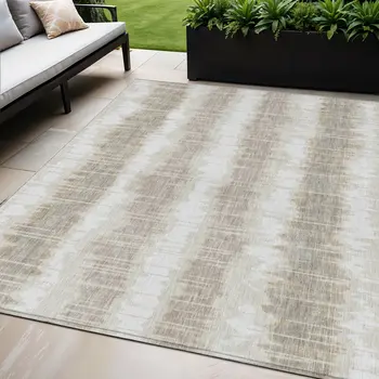 5' X 8' Ivory Beige And Taupe Striped Washable Indoor Outdoor Area Rug