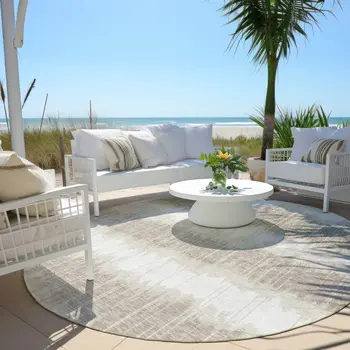 8' Ivory Beige And Taupe Round Striped Washable Indoor Outdoor Area Rug