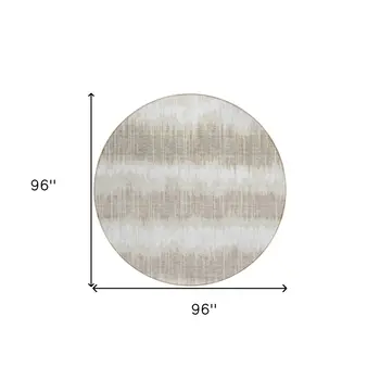 8' Ivory Beige And Taupe Round Striped Washable Indoor Outdoor Area Rug
