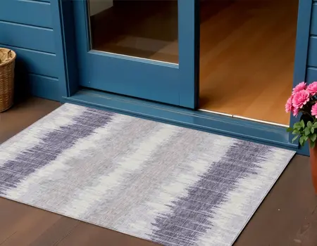 3' X 5' Lavender Purple And Ivory Striped Washable Indoor Outdoor Area Rug