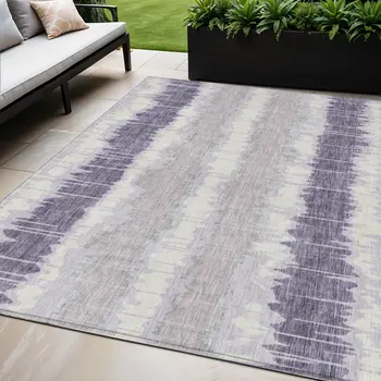 5' X 8' Lavender Purple And Ivory Striped Washable Indoor Outdoor Area Rug