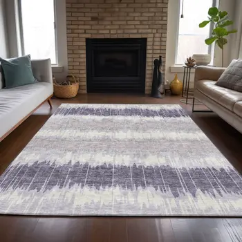 5' X 8' Lavender Purple And Ivory Striped Washable Indoor Outdoor Area Rug