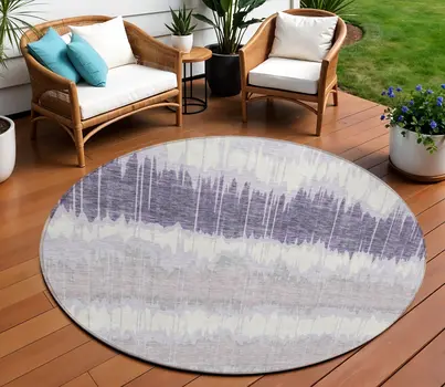 8' Lavender Purple And Ivory Round Striped Washable Indoor Outdoor Area Rug