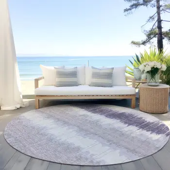 8' Lavender Purple And Ivory Round Striped Washable Indoor Outdoor Area Rug