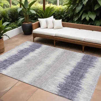 8' X 10' Lavender Purple And Ivory Striped Washable Indoor Outdoor Area Rug