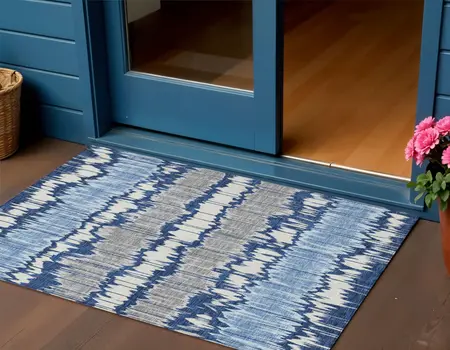 3' X 5' Navy Blue Ivory And Denim Blue Striped Washable Indoor Outdoor Area Rug