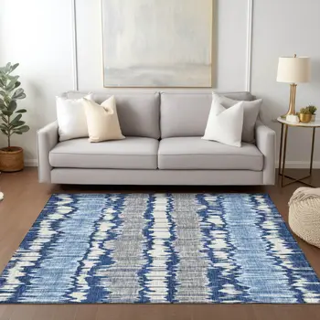 5' X 8' Navy Blue Ivory And Denim Blue Striped Washable Indoor Outdoor Area Rug