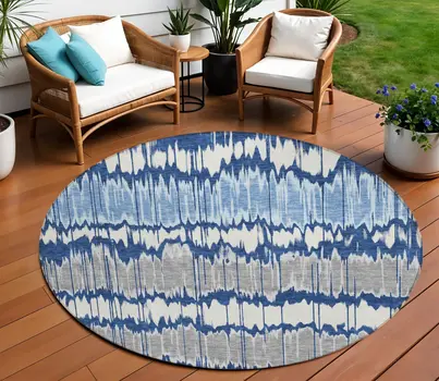 8' Navy Blue Ivory And Denim Blue Round Striped Washable Indoor Outdoor Area Rug