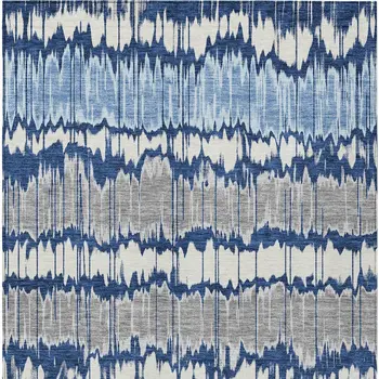 9' X 12' Navy Blue Ivory And Denim Blue Striped Washable Indoor Outdoor Area Rug