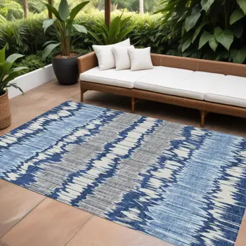 10' X 14' Navy Blue Ivory And Denim Blue Striped Washable Indoor Outdoor Area Rug