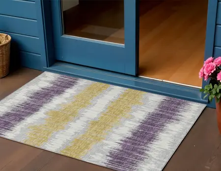 3' X 5' Silver Ivory And Purple Striped Washable Indoor Outdoor Area Rug