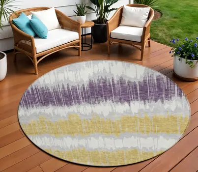 8' Silver Ivory And Purple Round Striped Washable Indoor Outdoor Area Rug