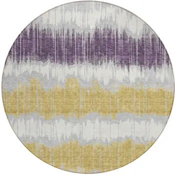 8' Silver Ivory And Purple Round Striped Washable Indoor Outdoor Area Rug