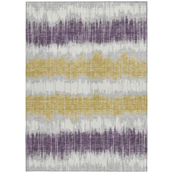 8' X 10' Silver Ivory And Purple Striped Washable Indoor Outdoor Area Rug