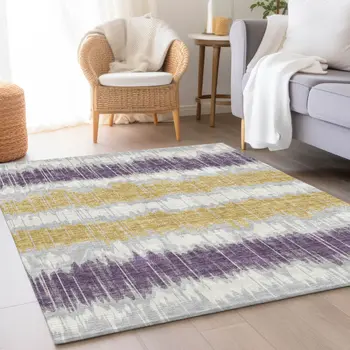 9' X 12' Silver Ivory And Purple Striped Washable Indoor Outdoor Area Rug