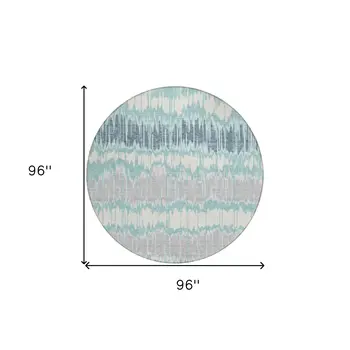 8' Teal Blue Aqua And Silver Round Striped Washable Indoor Outdoor Area Rug