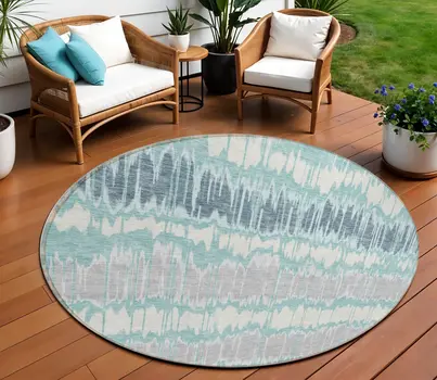 8' Teal Blue Aqua And Silver Round Striped Washable Indoor Outdoor Area Rug