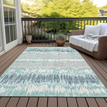 8' X 10' Teal Blue Aqua And Silver Striped Washable Indoor Outdoor Area Rug