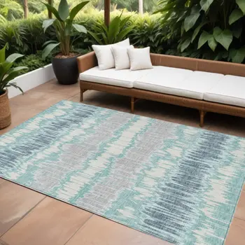 10' X 14' Teal Blue Aqua And Silver Striped Washable Indoor Outdoor Area Rug