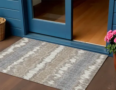 3' X 5' Taupe Brown And Ivory Striped Washable Indoor Outdoor Area Rug