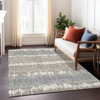 5' X 8' Taupe Brown And Ivory Striped Washable Indoor Outdoor Area Rug