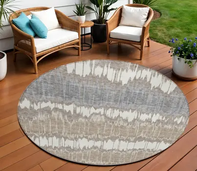 8' Taupe Brown And Ivory Round Striped Washable Indoor Outdoor Area Rug